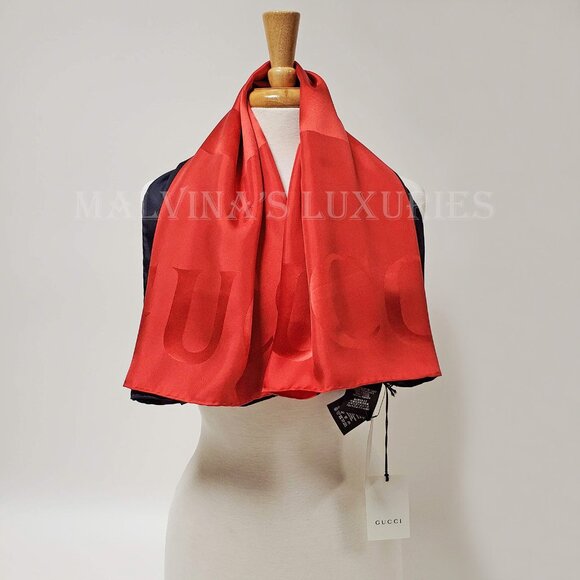 GUCCI SCARF BLUE RED WEB GG LOGO PRINT JACQUARD SILK TWILL FOULARD 35" - Picture 10 of 16